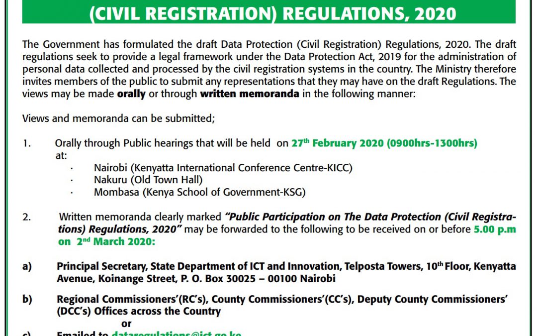 Data Protection Act – Invite for Public Comments on Civil Registration Regulations