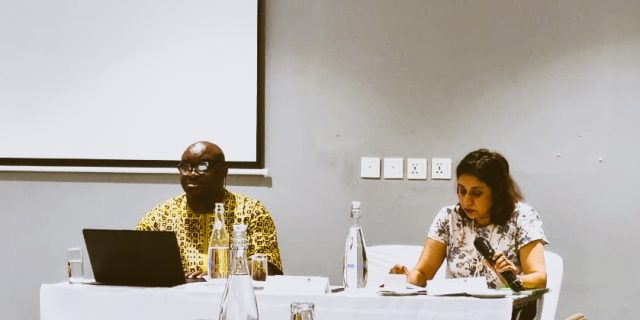 Mr Edetaen Ojo, the Chairperson of AFEX with the African Commission on Human and Peoples' Rights (ACHPR) Special Rapporteur on Freedom of Expression and Access to Information, Commissioner Ourveena GeereeshaTopsy-Sonoo.