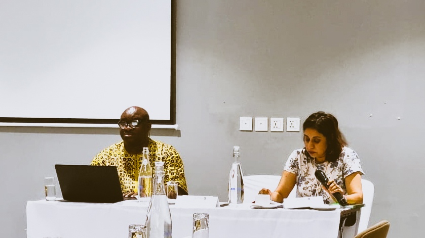 Mr Edetaen Ojo, the Chairperson of AFEX with the African Commission on Human and Peoples' Rights (ACHPR) Special Rapporteur on Freedom of Expression and Access to Information, Commissioner Ourveena GeereeshaTopsy-Sonoo.