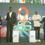 Safaricom PLC CEO, Peter Ndegwa (right) Marathon World Record Holder, Eliud Kipchoge (second right) CAK Director General, Ezra Chiloba (second left) and Safaricom Board Member, Michael Joseph pose for a photo during the Safaricom 5G Commercial Announcement at Yaya center.