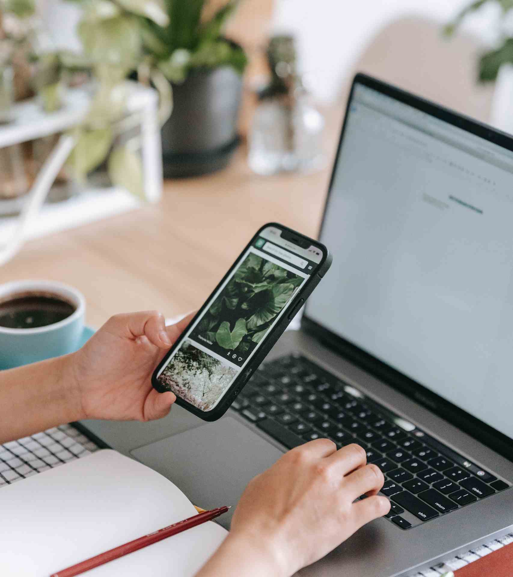 Crop faceless person browsing laptop and smartphone in light room