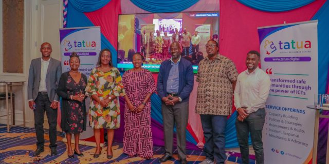 L-R Mwendwa Kivuva, Secretariat Tatua Digital, Ms Grace Githaiga CEO KICTANet, Dr. Rose Reuben · Executive Director at Tanzania Media Women's Association - TAMWA, Ms Linda Ochiel, Ford Foundation, Mr Robert Kirenga (Executive Director, Uganda Human Rights Defenders Coalition), Protection Hub, Mr Brian Byaruhanga, Digital Resilience (CIPESA) and Muthuri Kathure - Senior Programme Officer - ARTICLE 19 during the launch of the Tatua Digital Resilience Center in Nairobi.