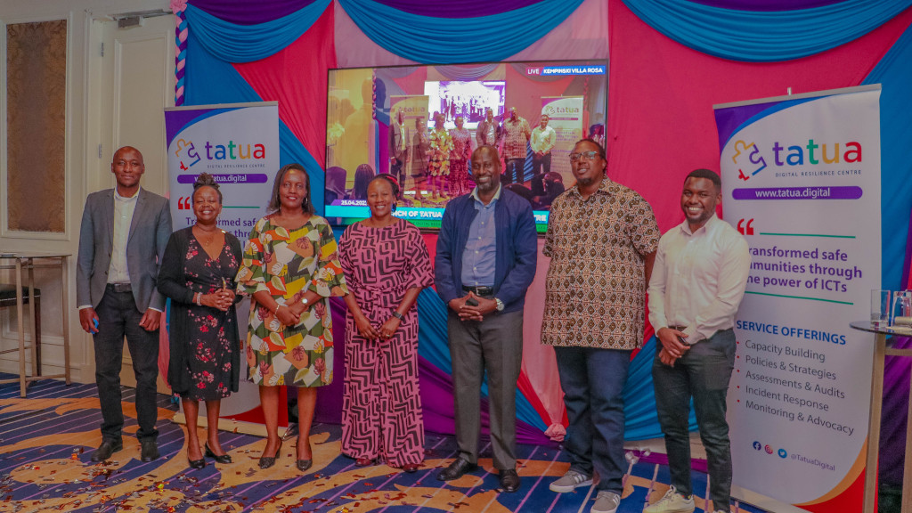L-R Mwendwa Kivuva, Secretariat Tatua Digital, Ms Grace Githaiga CEO KICTANet, Dr. Rose Reuben · Executive Director at Tanzania Media Women's Association - TAMWA, Ms Linda Ochiel, Ford Foundation, Mr Robert Kirenga (Executive Director, Uganda Human Rights Defenders Coalition), Protection Hub, Mr Brian Byaruhanga, Digital Resilience (CIPESA) and Muthuri Kathure - Senior Programme Officer - ARTICLE 19 during the launch of the Tatua Digital Resilience Center in Nairobi.