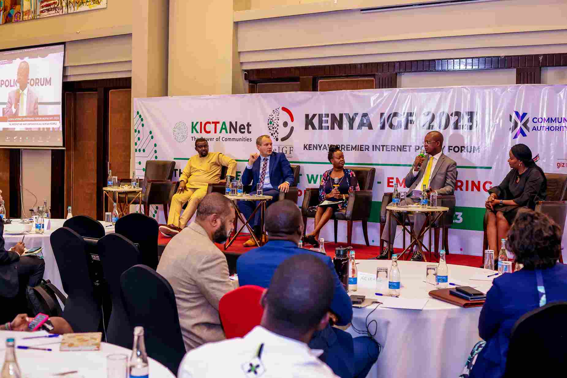 ( From L-R) ‘Gbenga Sesan, Paradigm Initiative, Mr. Bernd Lakemeie, GIZ Kenya, Ms Grace Githaiga, KICTANet, Dr Vincent Ngundi, CA, Mercy Ndegwa, META during the High (C-Level) Panel – The Internet We Want – Empowering All Kenyan People during the Kenya Internet Governance Forum held in Nairobi, Kenya.