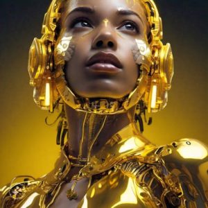 Generated by Mwendwa Kivuva on Feb 2024 using Meta AI prompt artificial-intelligence handsome golden cyborg girl looking up, portrait, gold and yellow, plain yellow background