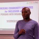 Mwenda Kivuva speaking during the "Empowering Community Networks for Inclusion of Persons with Disabilities Training Workshop" organised by KICTANet in partnership with the Collaboration on International ICT Policy for East and Southern Africa (CIPESA)