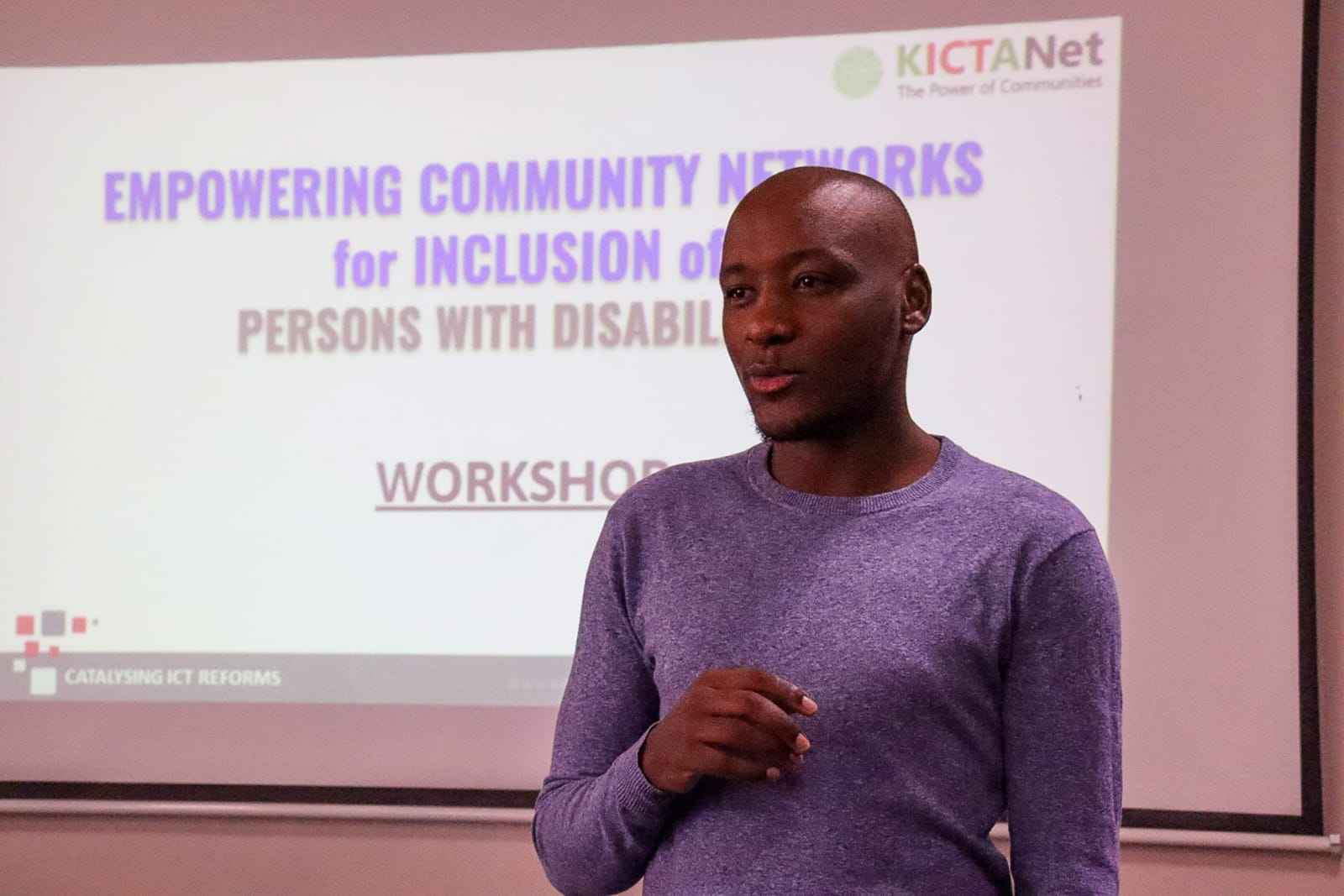 Mwenda Kivuva speaking during the "Empowering Community Networks for Inclusion of Persons with Disabilities Training Workshop" organised by KICTANet in partnership with the Collaboration on International ICT Policy for East and Southern Africa (CIPESA)