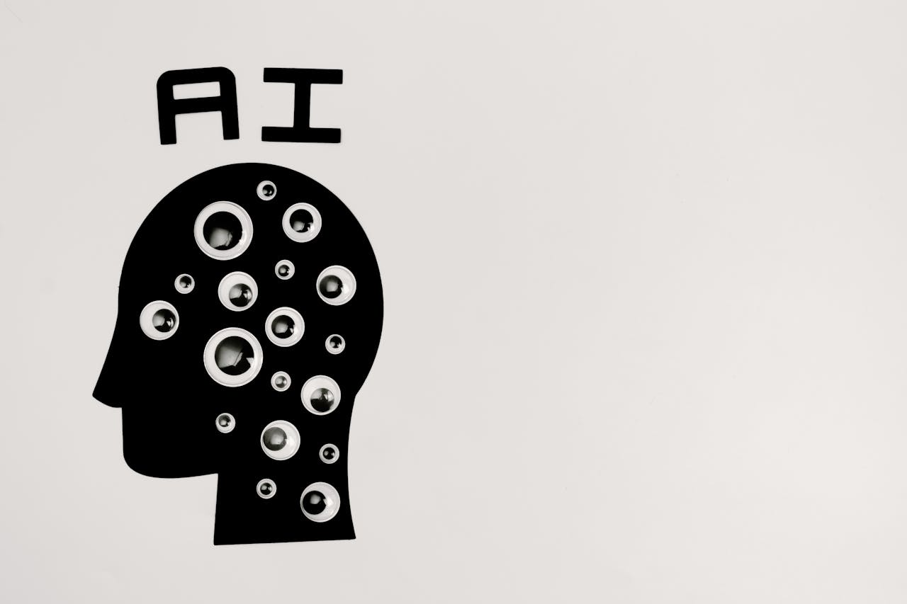 A digital art render of the word "AI" with a silhouette of a side-profile
