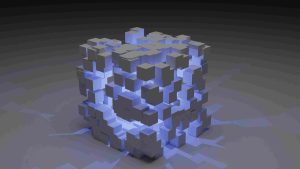 3D illustration of blocks in a cubical box with blue light inside it