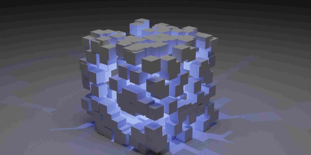 3D illustration of blocks in a cubical box with blue light inside it